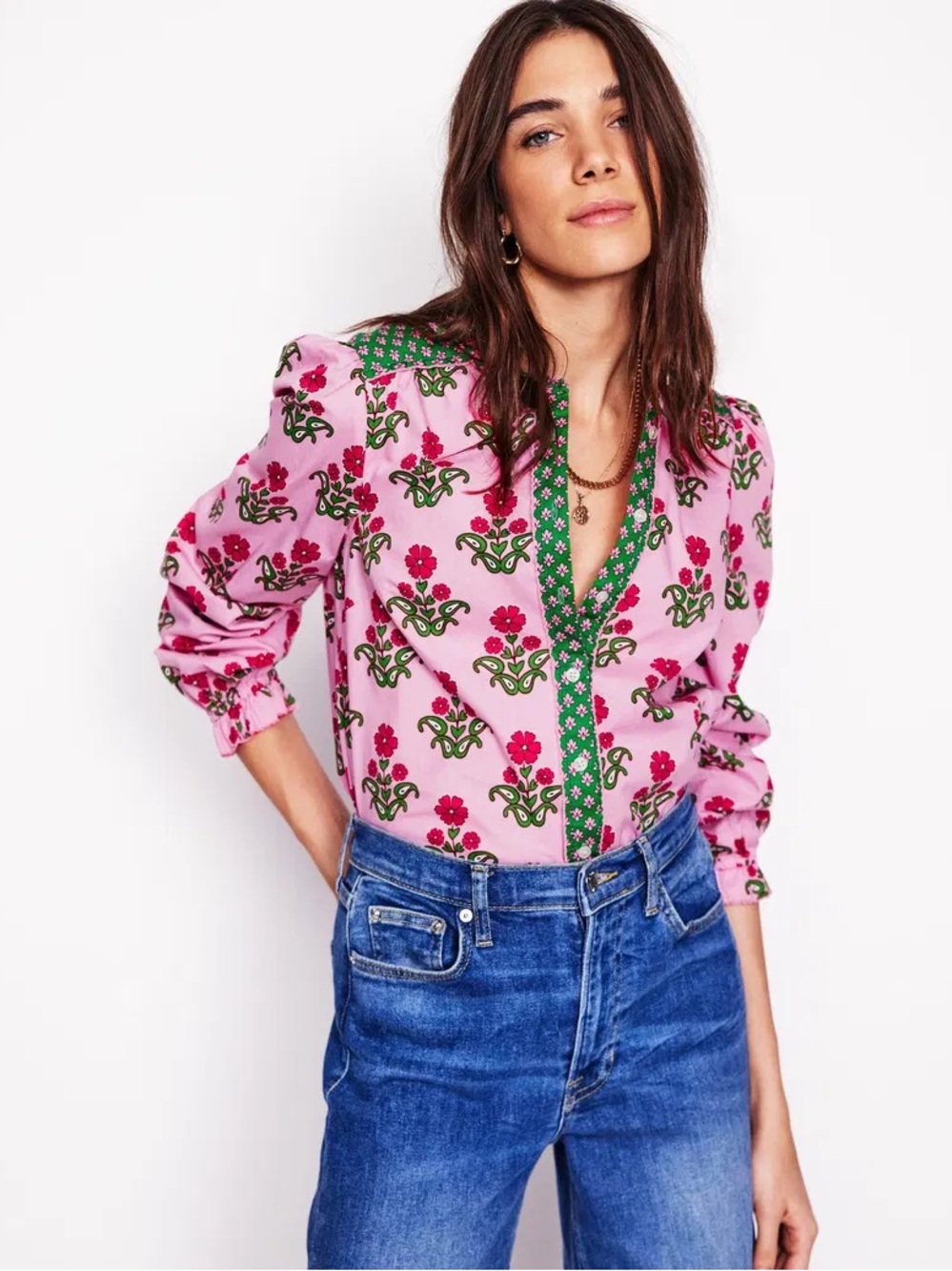 Boden Arabella Cotton Blouse Meadowsweet Pink Pansy Stamp Floral Top Size 6 - Picture 3 of 16